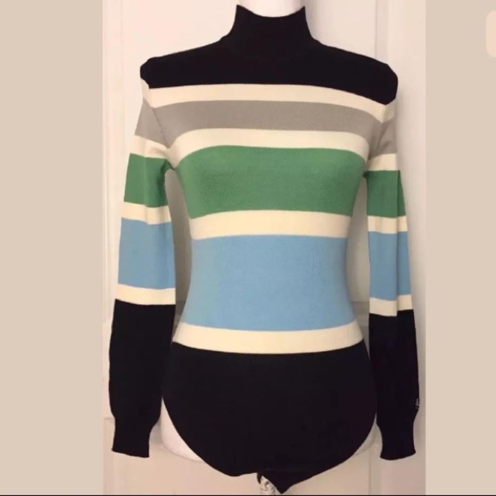 Escada Striped Mockneck Sweater Bodysuit in Black, Green, Blue, Gray & Cream